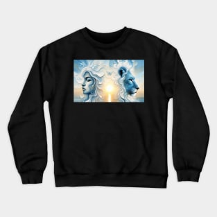 Woman, lion, butterfly, sunrise at the sea Crewneck Sweatshirt